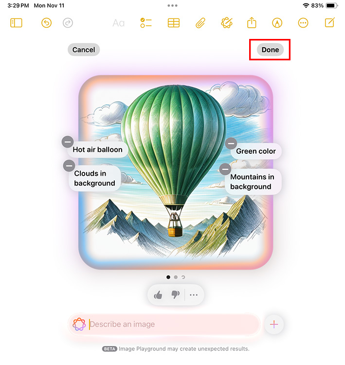 How to Use Image Wand on iPad with iPadOS 18 10 Image generated with Image Wand by adding more descriptions, showing the Done button highlighted.